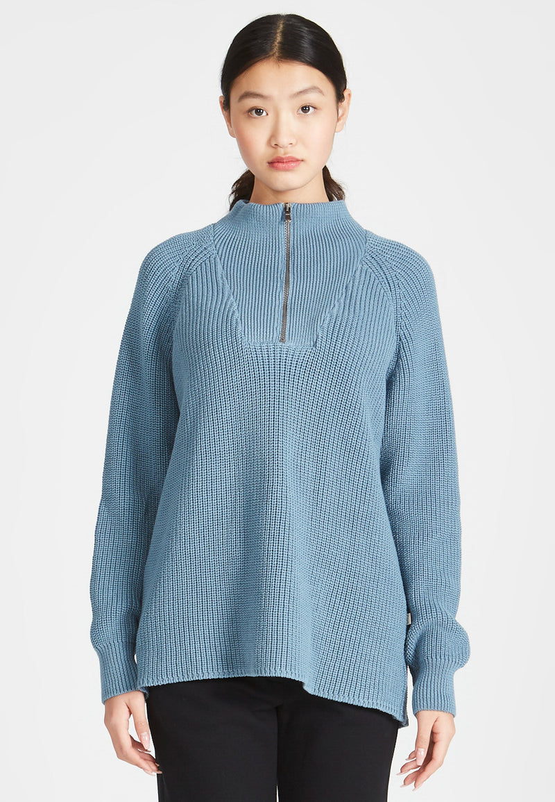 Second hand troyer knit sweater TEKLA made from organic cotton - Arctic Blue - M