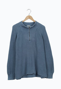 Second hand troyer knit sweater TEKLA made from organic cotton - Arctic Blue - M