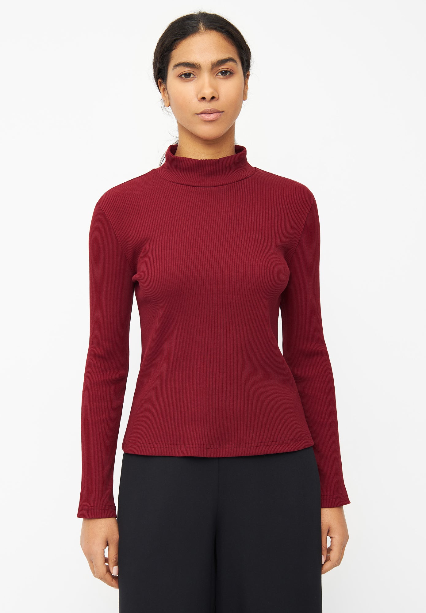 Red ribbed store turtleneck sweater