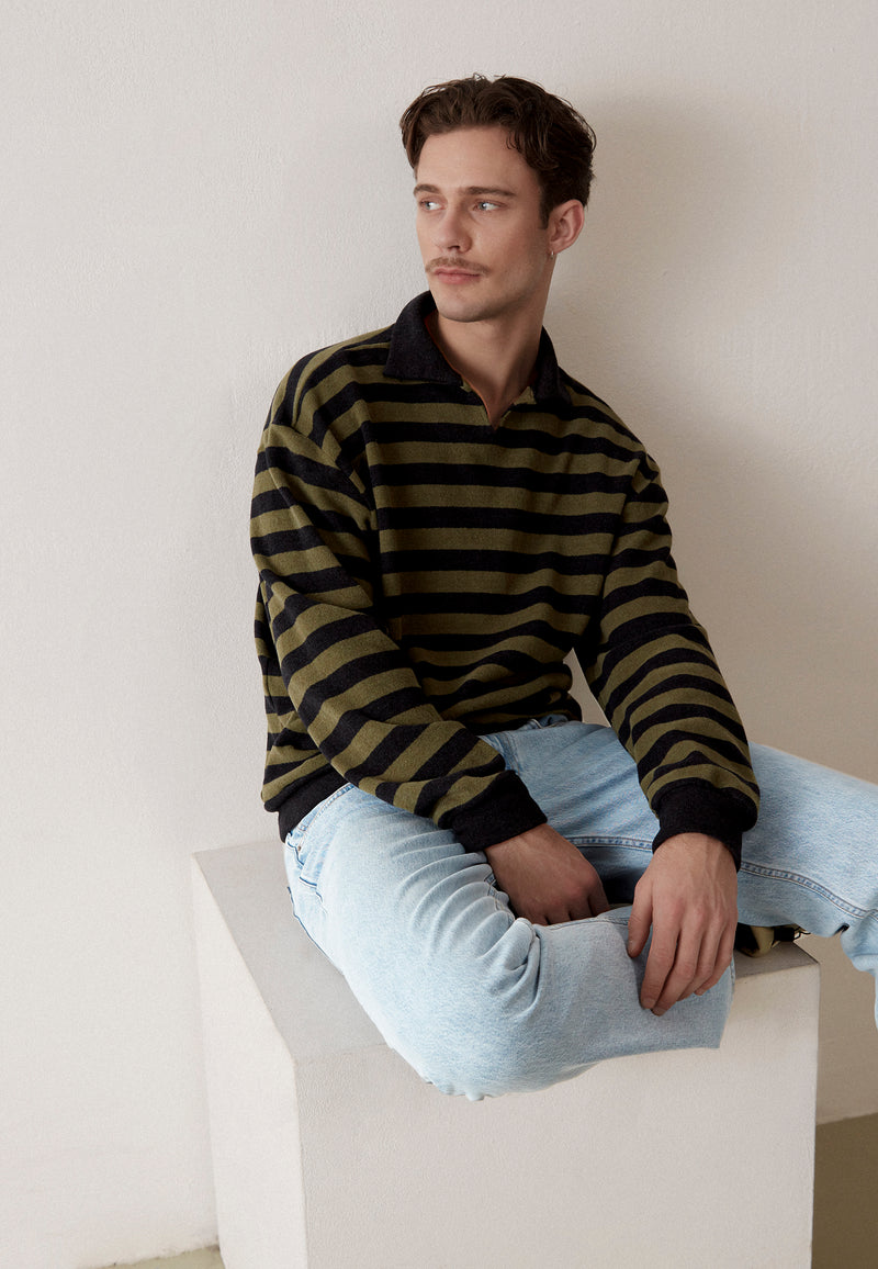 Givn Berlin Sweater GBBELA aus recycelter Baumwolle mit Kragen Sweater Dark Grey / Khaki (Stripes)