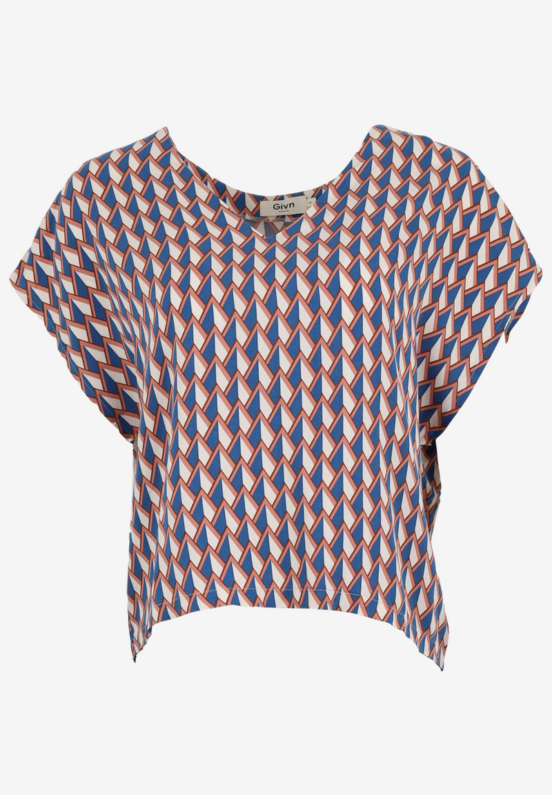 Second Hand Blusenshirt RUBY aus LENZING™ ECOVERO™ - Terracotta / Blue (Geometric) - S