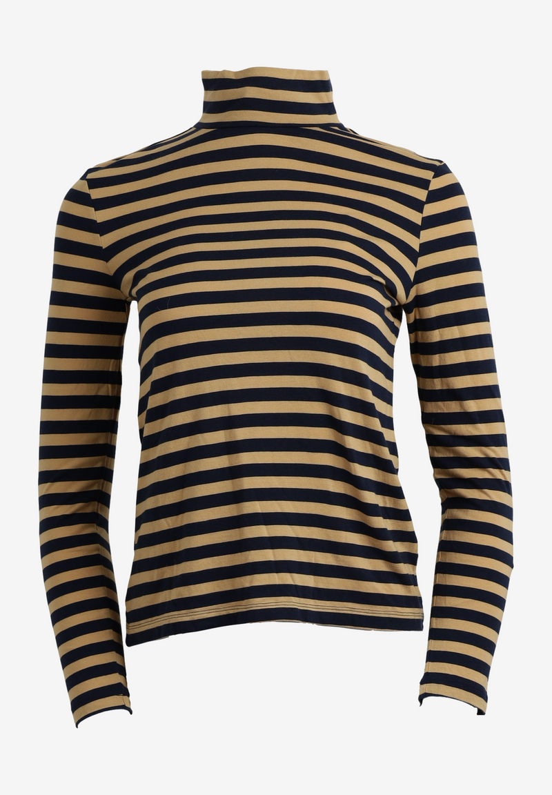 Second Hand Rollkragen-Longsleeve VIDA aus TENCEL™ Lyocell - Blue / Camel (Stripes) - L