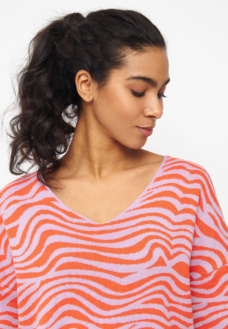 Givn Berlin Jacquard Strickpullover PALOMA aus Bio-Baumwolle Sweater Lavender / Orange (Waves)