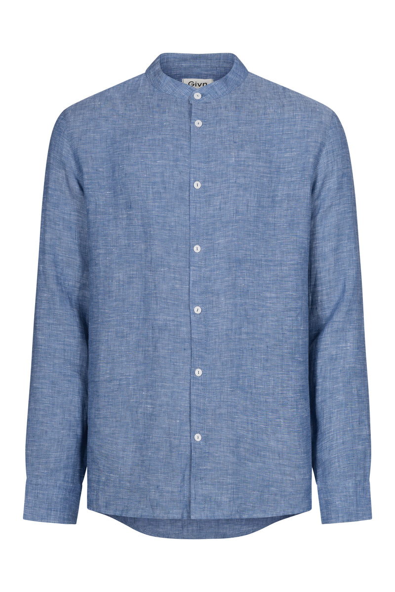Givn Berlin Stehkragen-Hemd WES aus Leinen Buttoned Shirt Blue (Structure, Linen)